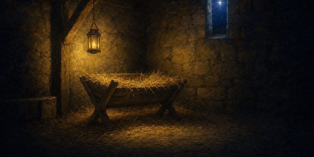 An oil painting of an empty manger filled with straw in a stone stable at night, lit by one lantern, a star in the window.