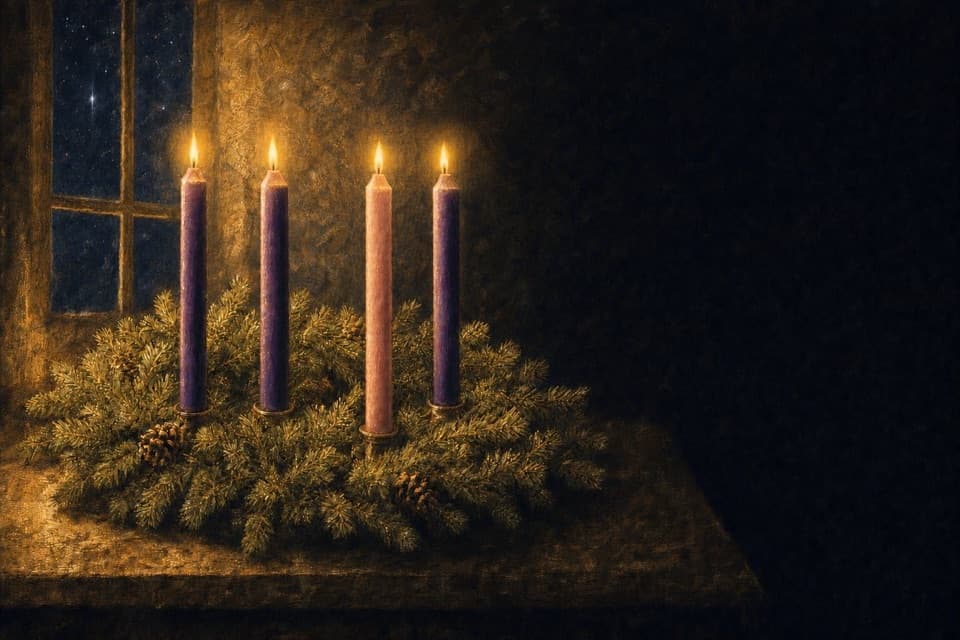 An Advent wreath on a table by a window at night, its candles lit