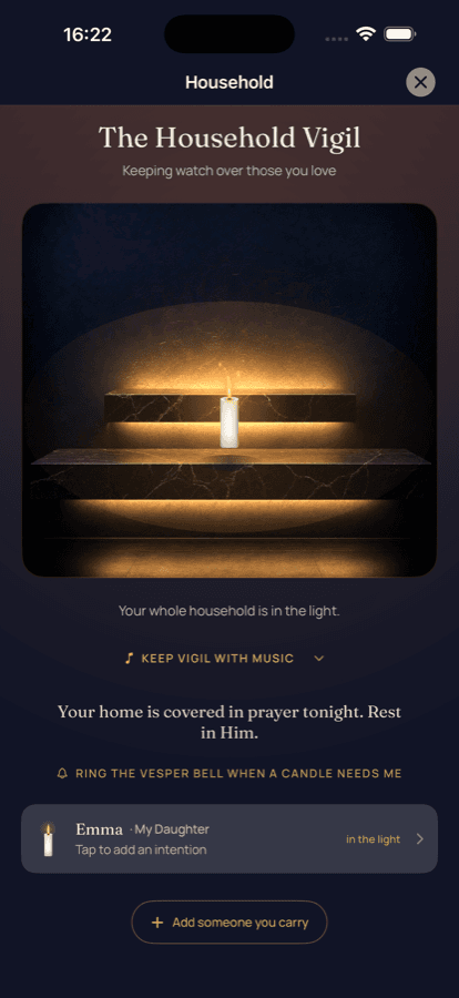 The Household Vigil on iPhone: a candle lit on the stone altar — your home is covered in prayer tonight
