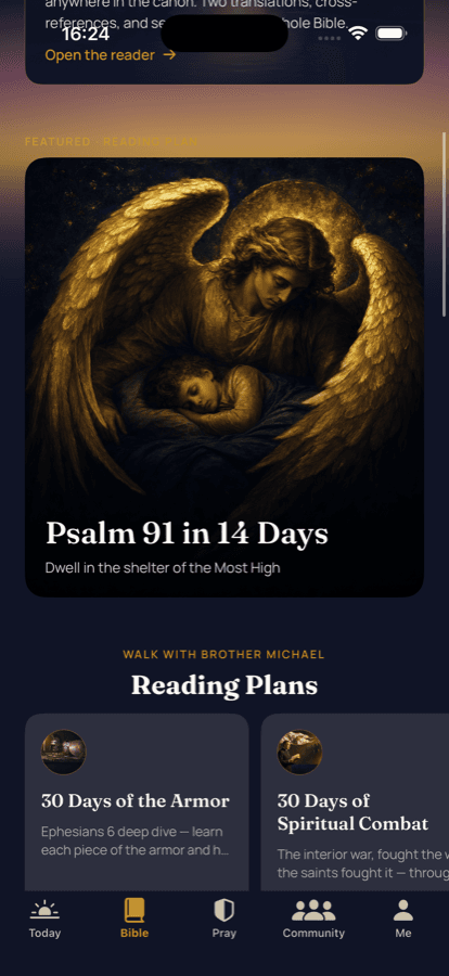 The Bible tab on iPhone: Psalm 91 in 14 Days and the Reading Plans — 30 Days of the Armor and 30 Days of Spiritual Combat