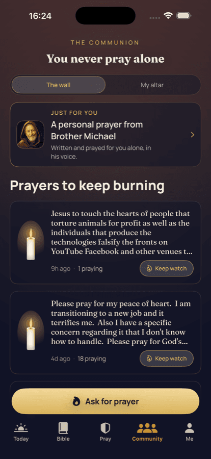 The Communion on iPhone: prayers to keep burning, a personal prayer from Brother Michael, and Keep watch buttons