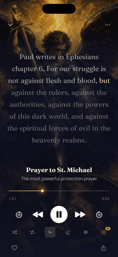 The iPhone prayer player highlighting each word as Brother Michael prays the St. Michael Prayer