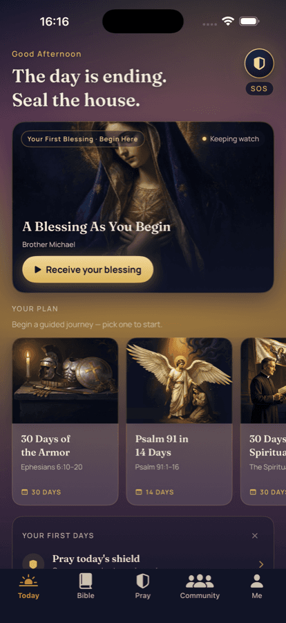 The AngelGuard Today tab with today's prayer and the Word of God