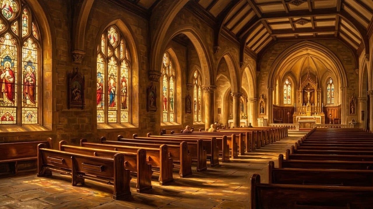 An empty chapel with stained-glass windows and the altar lit, open at any hour