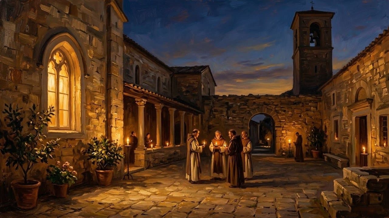 Monks with candles gather in a monastery courtyard at dusk