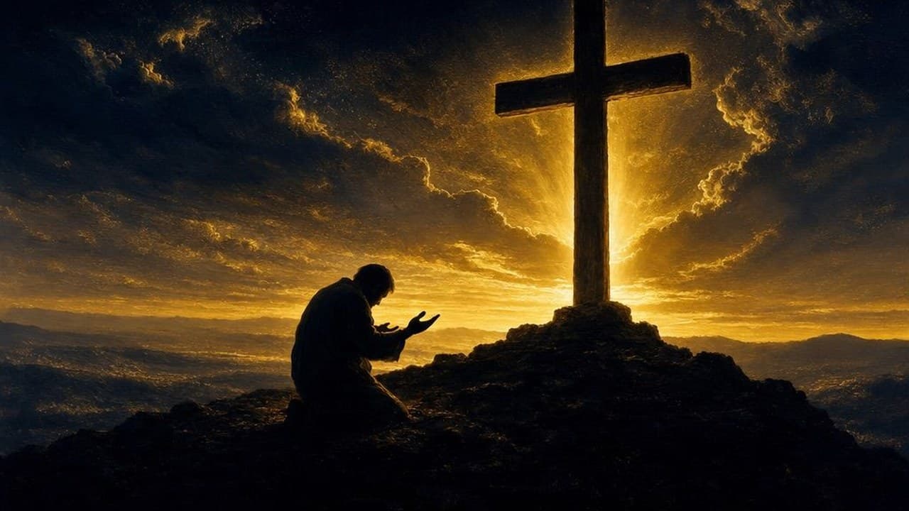 A man kneels in prayer before a cross on a hilltop as the first light breaks through the clouds