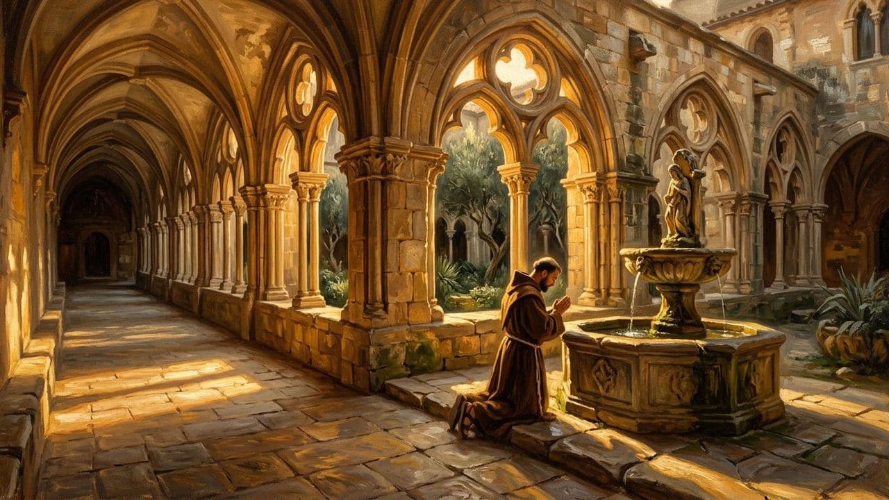 A friar kneels in prayer by a fountain in a sunlit cloister