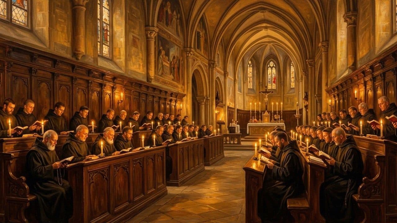 Monks pray Compline by candlelight in the choir stalls