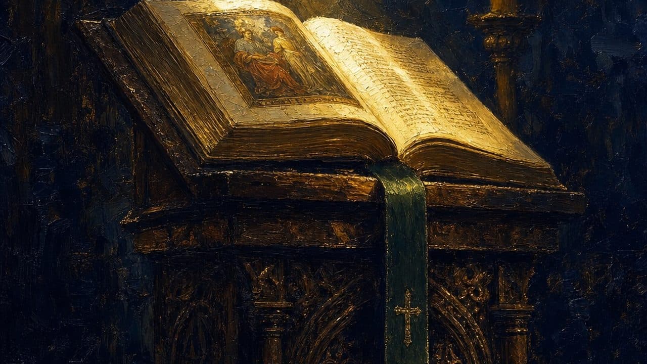 El Evangeliario abierto sobre un atril, con su cinta verde marcando el año de la Iglesia