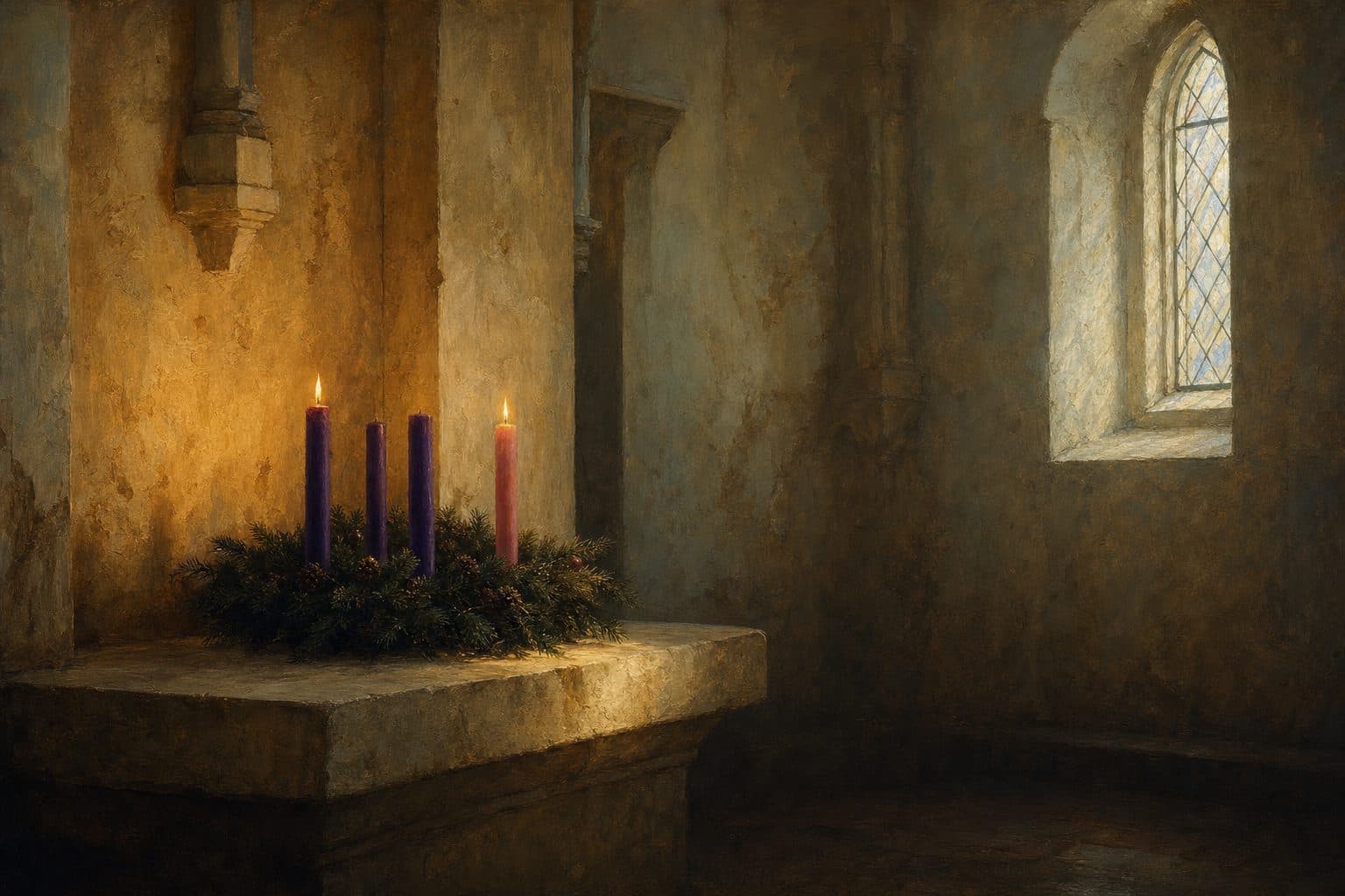 An oil painting of an Advent wreath on a stone ledge in a chapel, three violet candles and one rose, two of them lit.