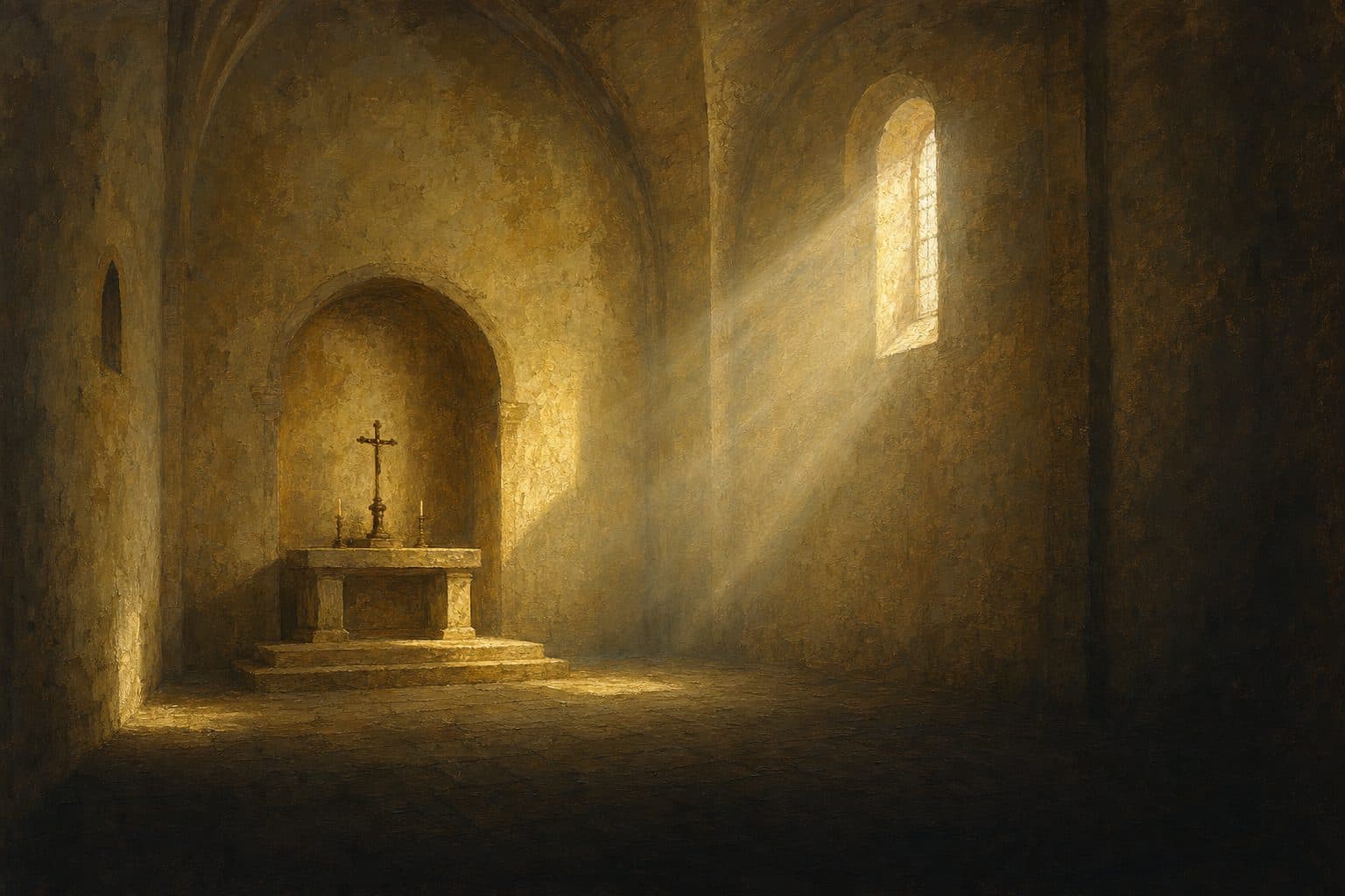 An oil painting of a narrow chapel interior with two broad rays of afternoon light falling across bare limestone toward a stone altar.