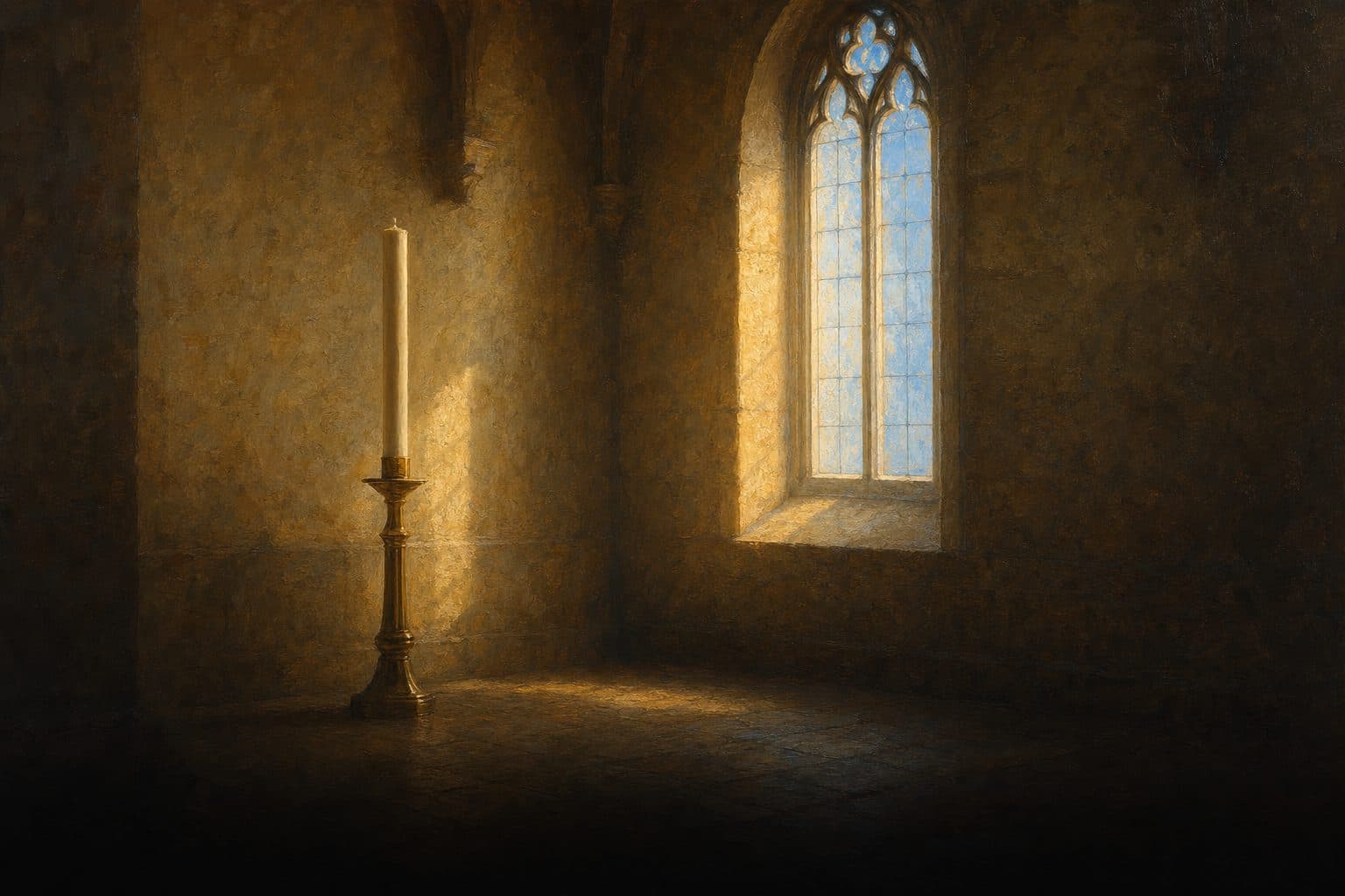 An oil painting of a tall unlit paschal candle beside a chapel window at first light, cold dawn coming through the glass.