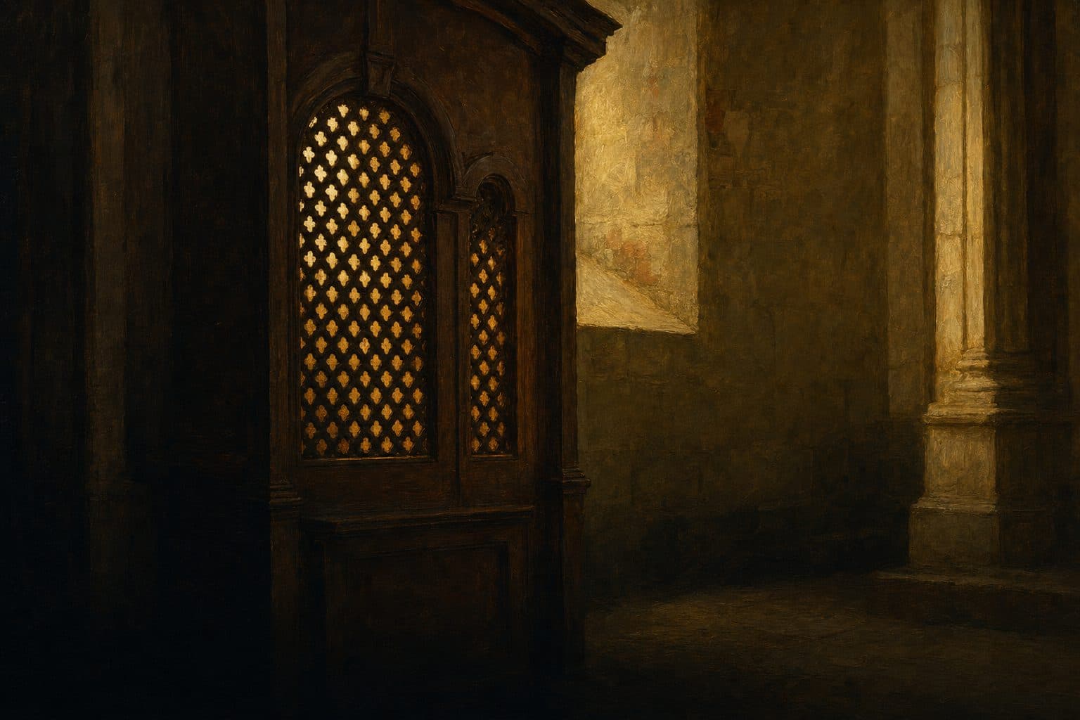 An oil painting of the carved lattice screen of an old confessional, warm light coming through the pierced openings from the far side.