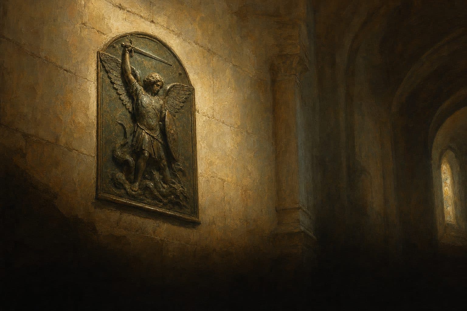 An oil painting of a weathered bronze relief of an archangel with a raised sword, set into pale chapel stone and lit hard from one side.