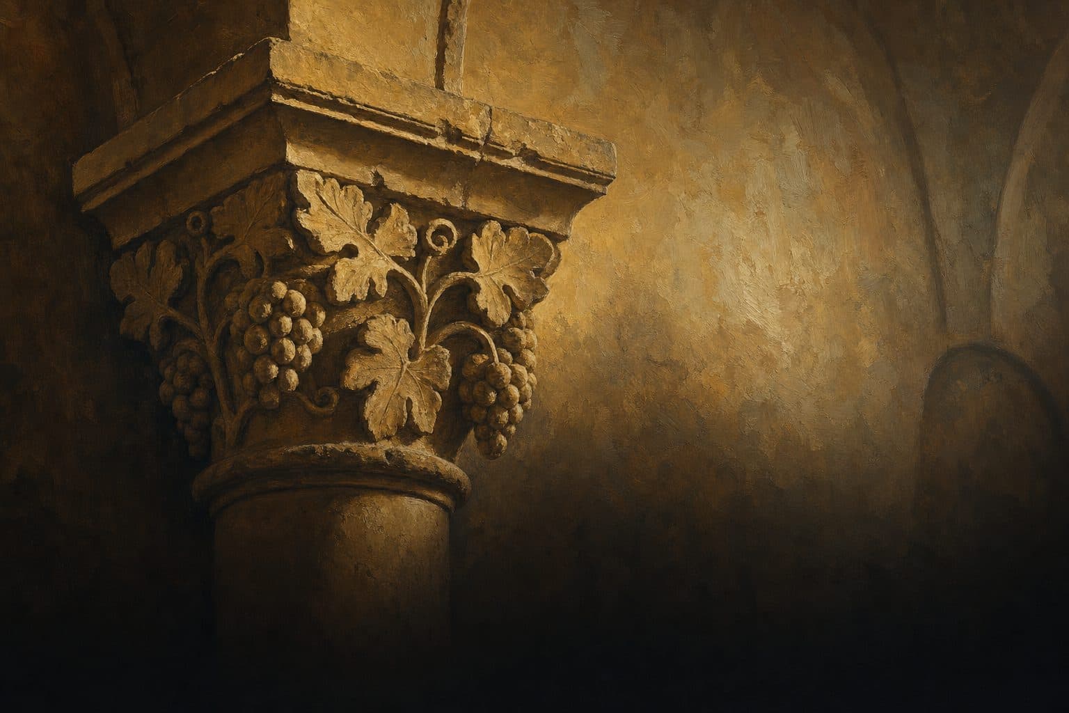 An oil painting of a carved stone capital cut with vine leaves and heavy bunches of grapes, raking light from the left.