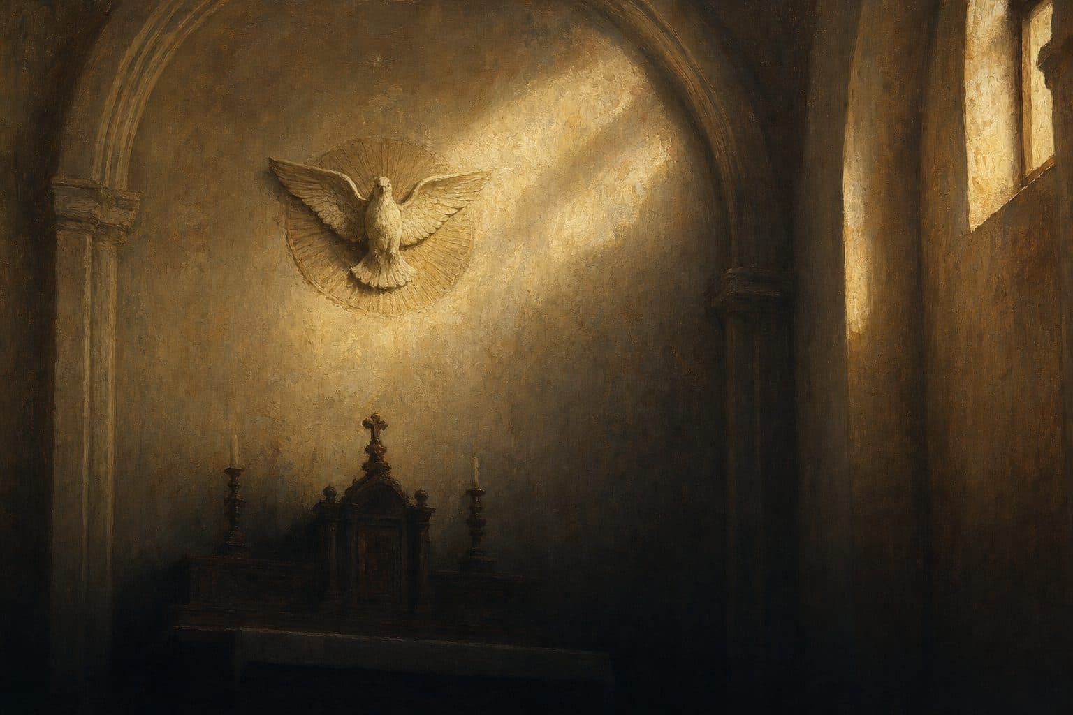 An oil painting of a carved stone dove with outspread wings high on a chapel wall, pale limestone against deep shadow.