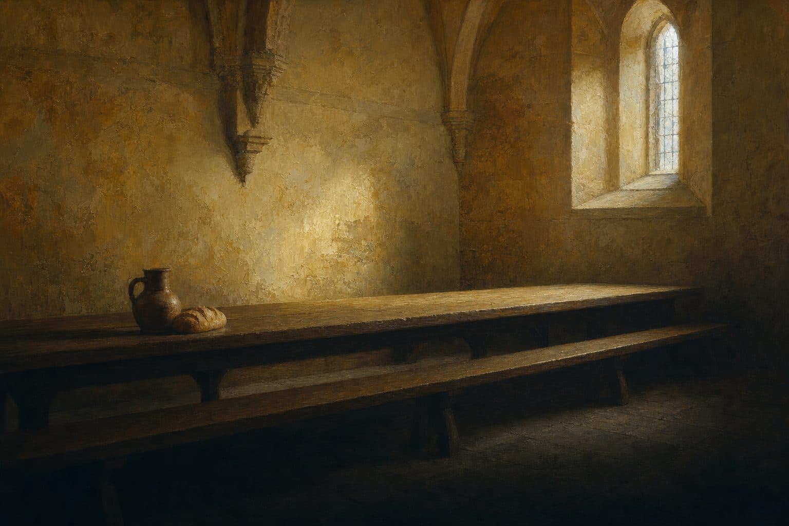 An oil painting of a long bare refectory table with a plain loaf and an earthenware jug, cold light down the length of the wood.