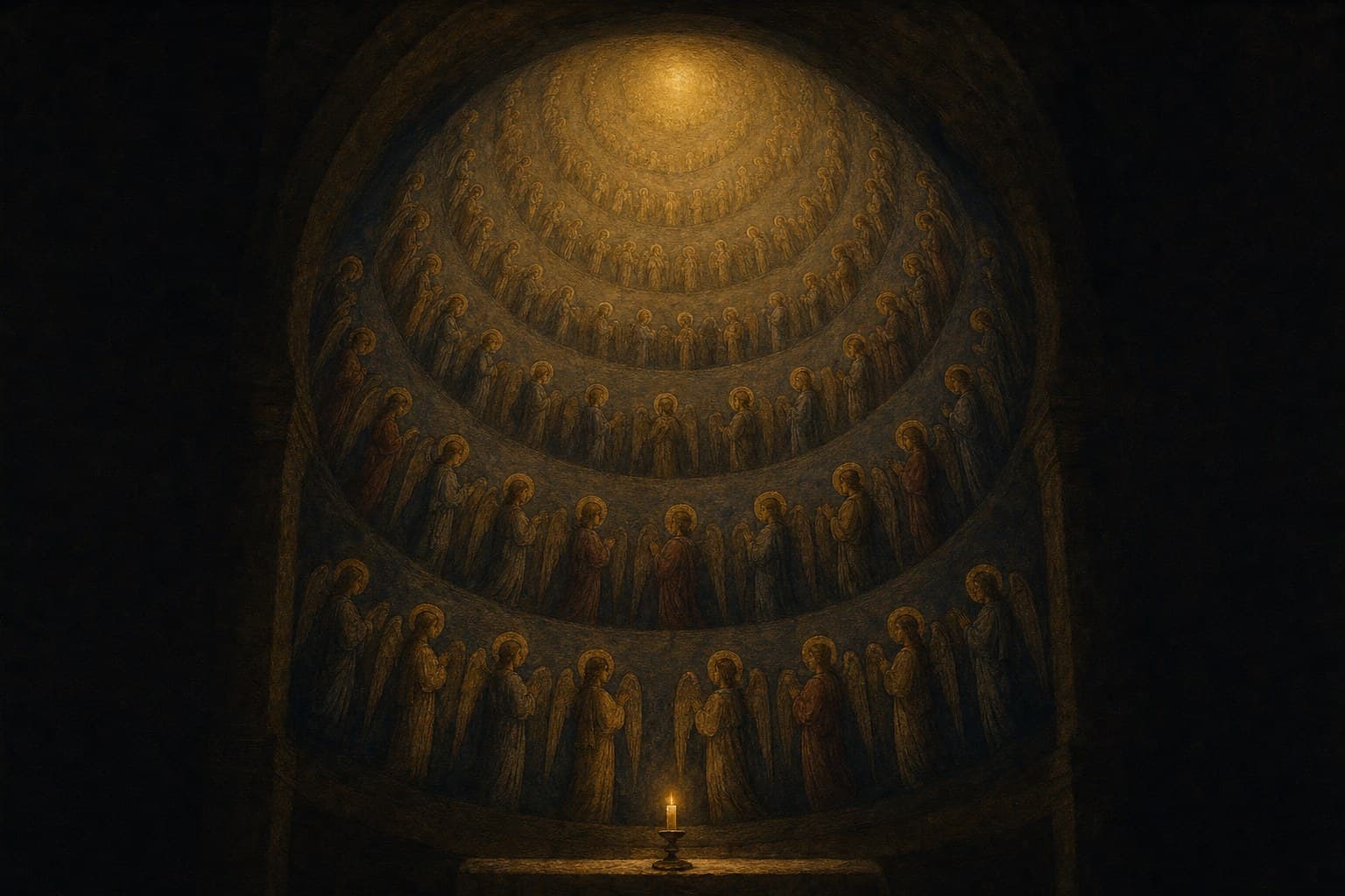 Uma cúpula pintada com fileiras de anjos que sobem em círculos até uma luz no alto, e uma vela acesa num altar embaixo
