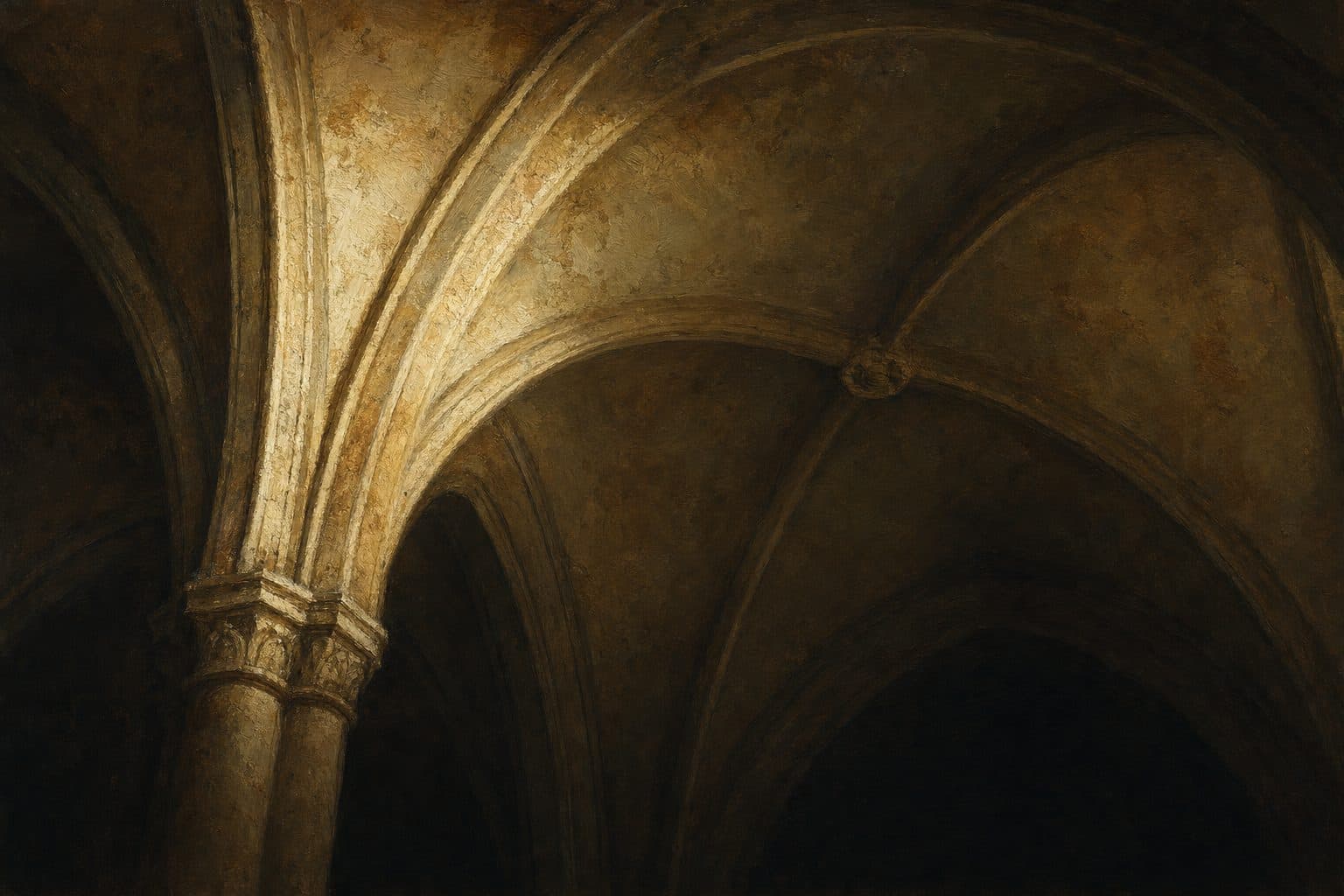 An oil painting of ribbed chapel vaulting seen from below, the arches rising and receding into darkness.