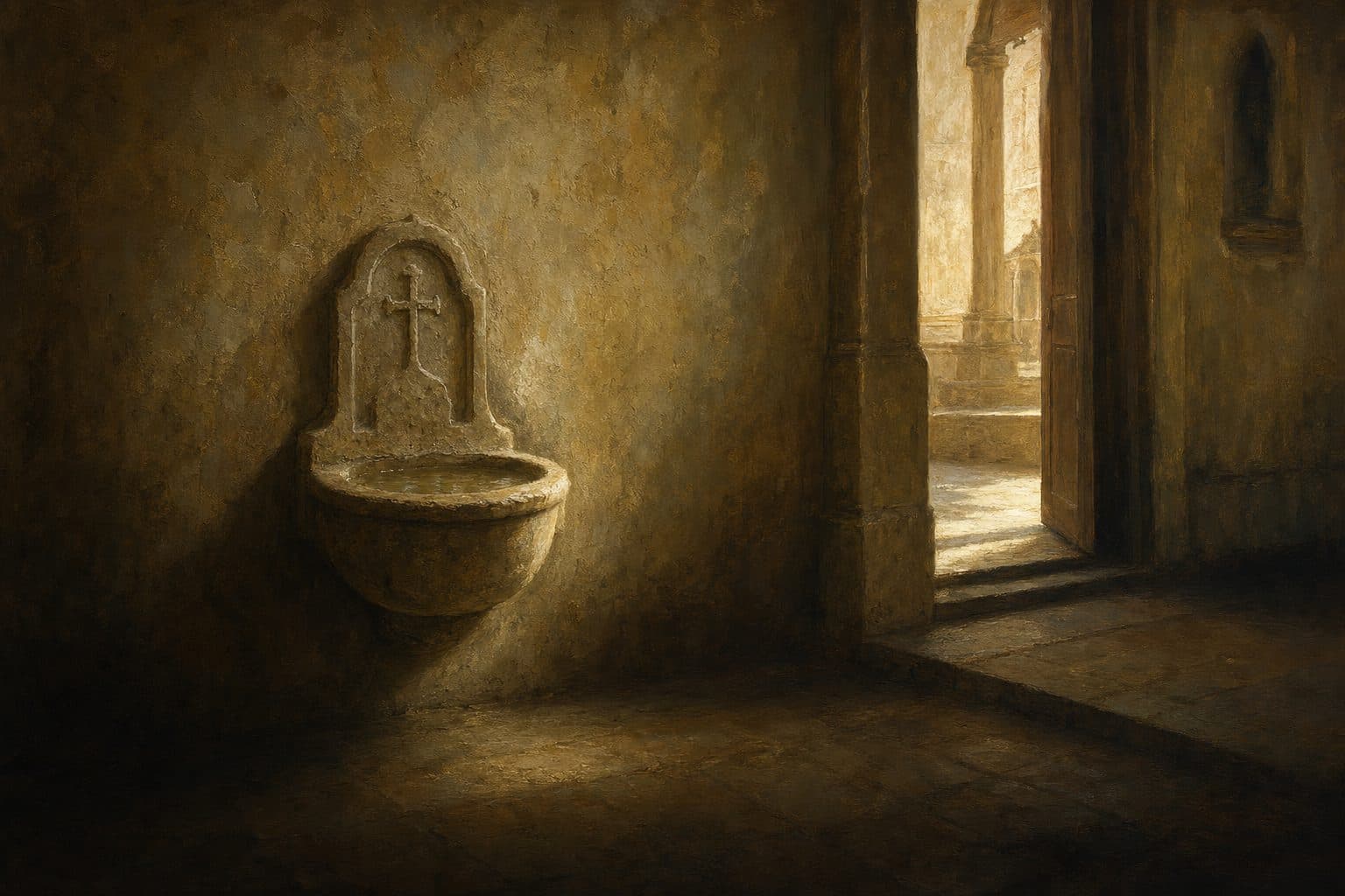 A carved stone holy-water stoup with a cross in relief on an old church wall, beside an open door where daylight falls on the step.
