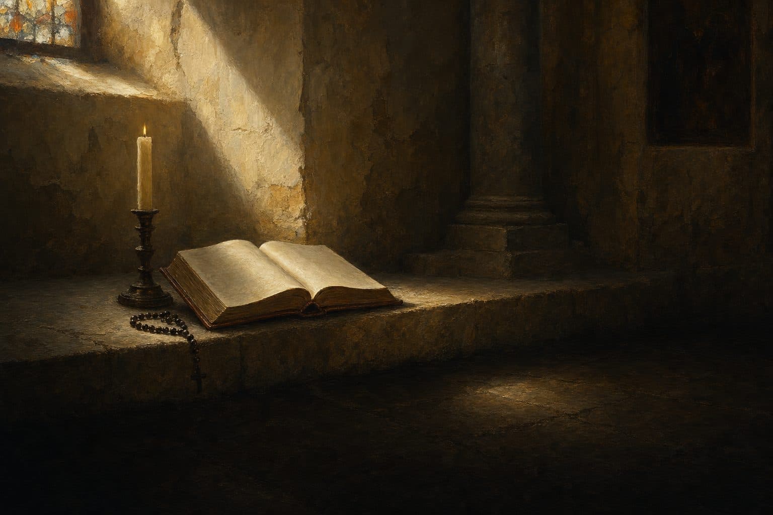 An oil painting of an open ledger and a burning candle on a stone altar step in a dim church, a rosary coiled beside them.