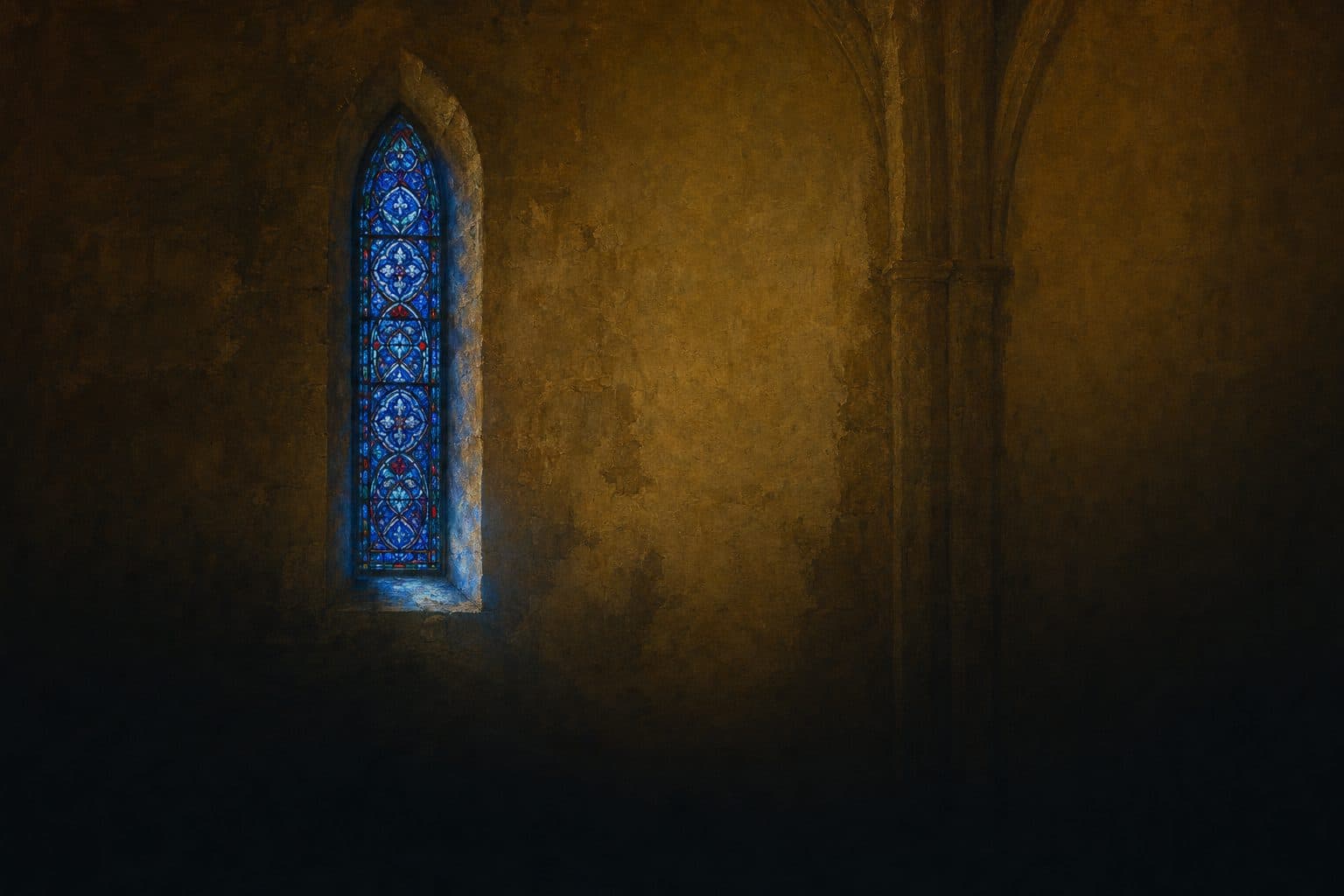 An oil painting of a tall lancet window of deep coloured glass glowing cold against warm unlit chapel stone.
