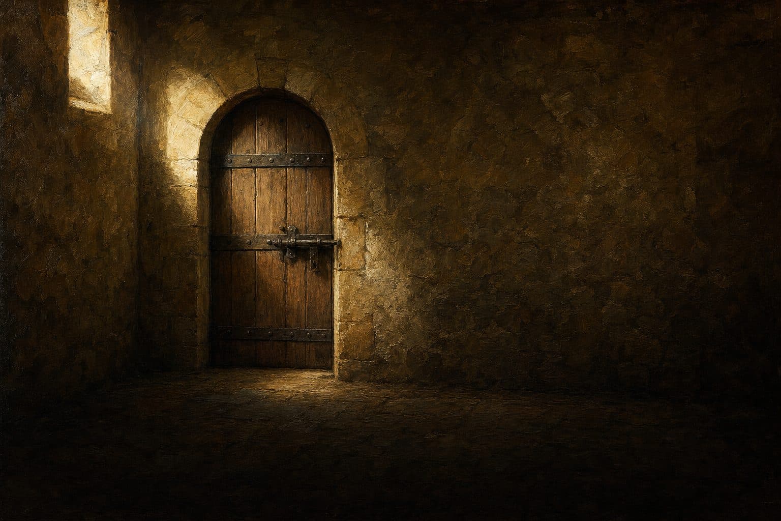 An oil painting of a heavy iron-banded oak door in a stone wall, firmly bolted, one shaft of light on the boards.