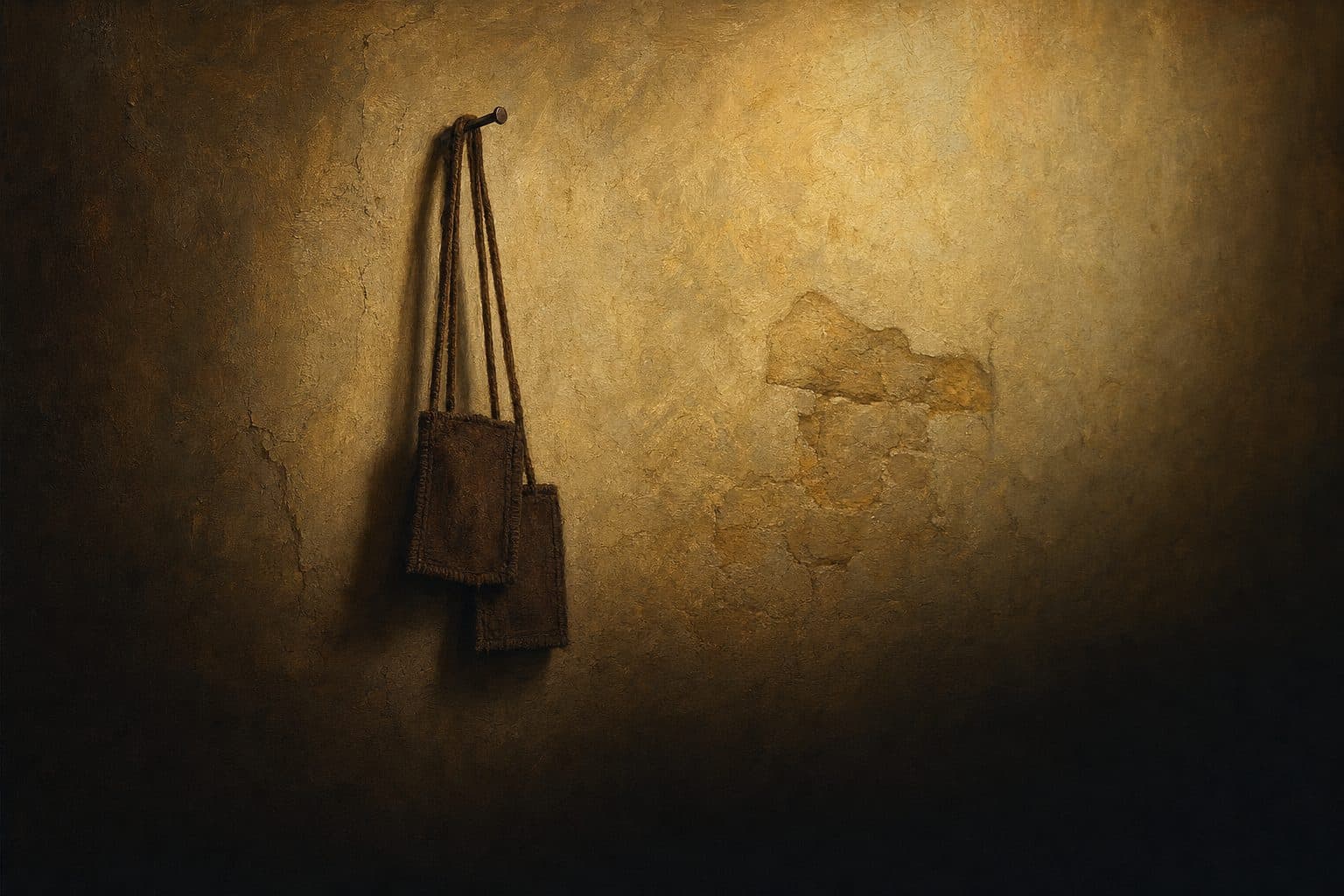 An oil painting of a brown woollen scapular hanging from an iron nail on a bare monastery wall.