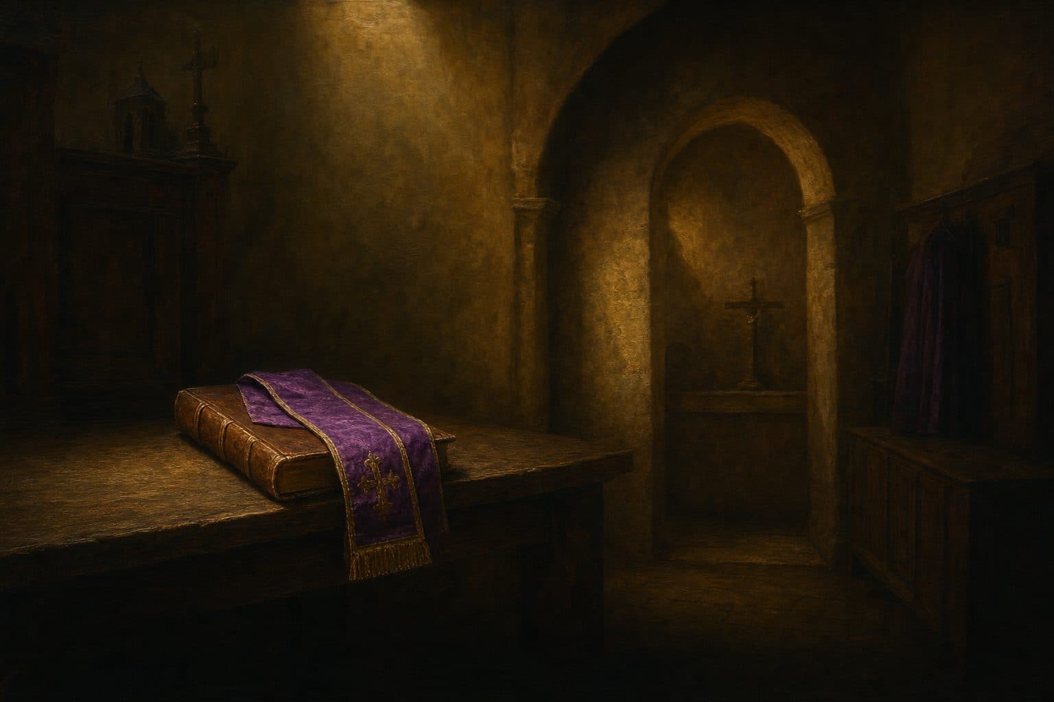 An oil painting of a closed leather ritual book with a purple stole folded on top, in an empty sacristy.