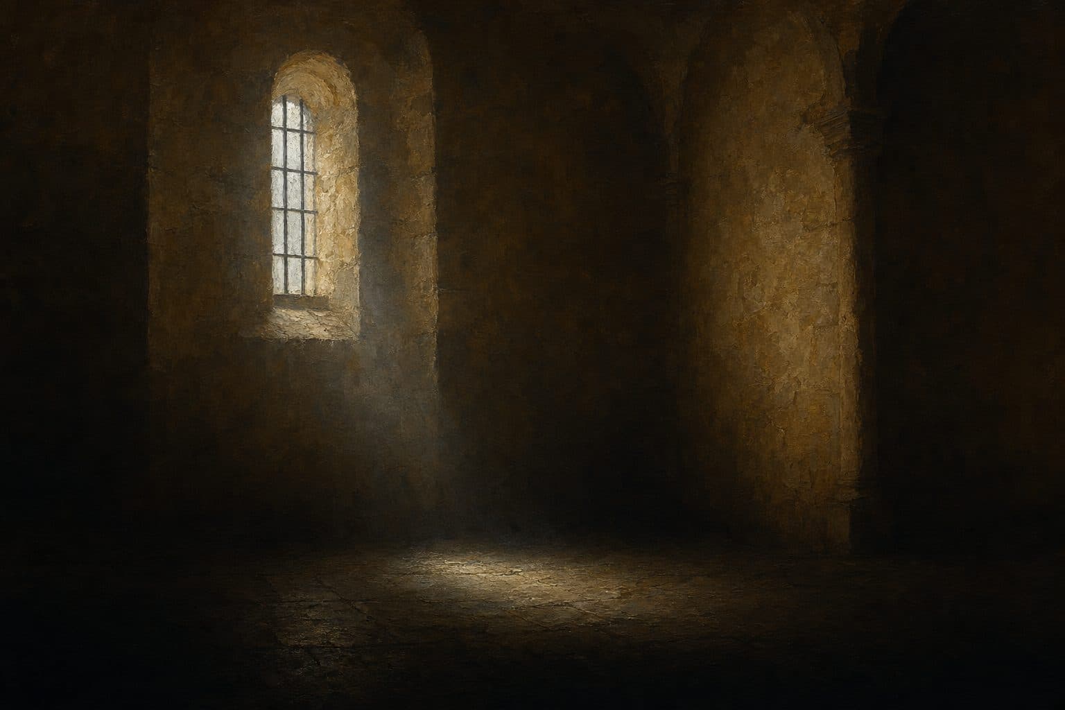 An oil painting of a narrow barred window high in a thick stone wall, grey light falling on the floor below.