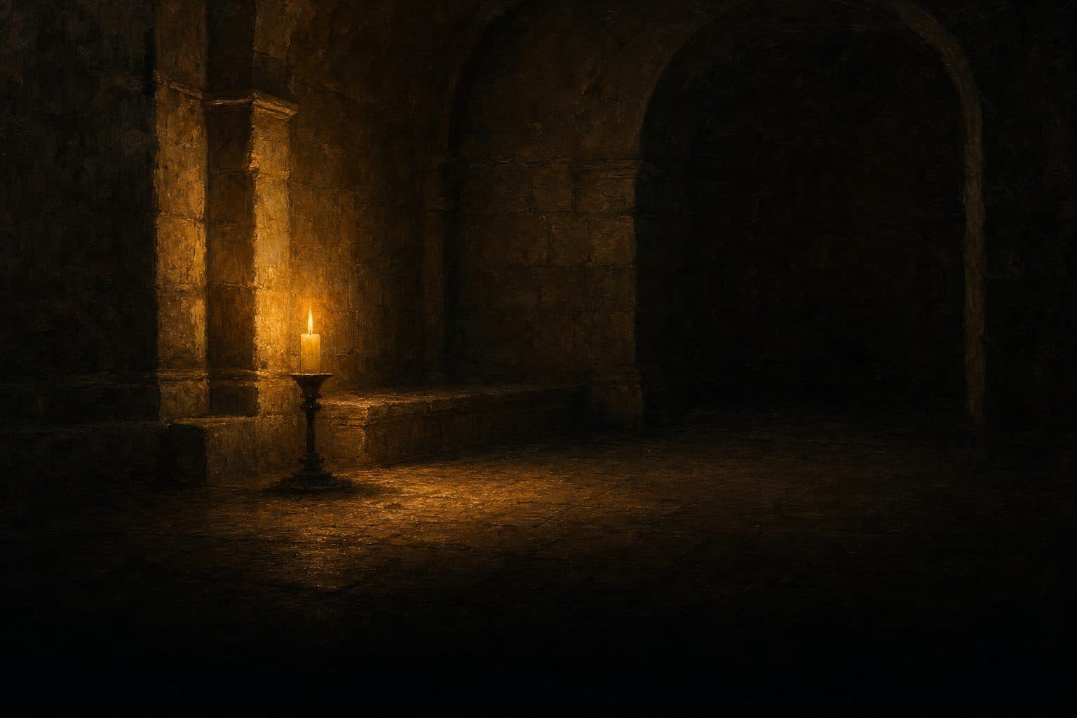 An oil painting of a single candle burning in an unlit stone chamber, its light reaching only a little way.