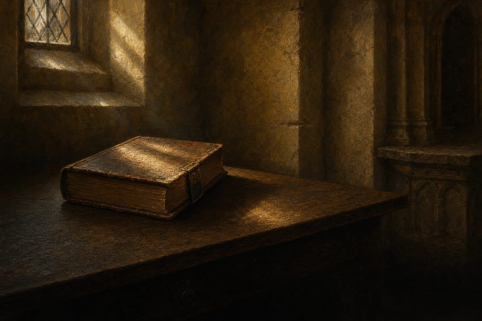 An oil painting of a heavy old family Bible closed on a dark table, its clasp shut, one shaft of light across the cover.
