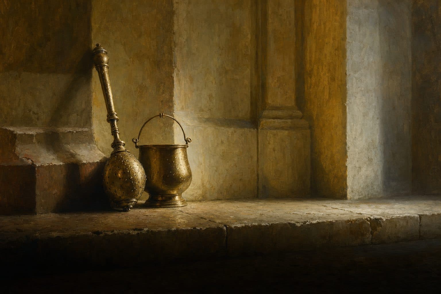 An oil painting of a brass aspergillum and holy water bucket on a sacristy step, water beaded on the metal.