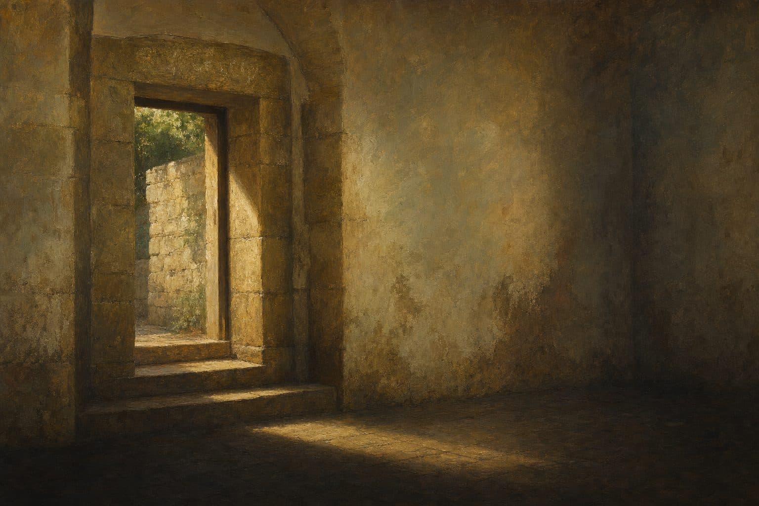 An oil painting of a stone doorway with a chalked blessing above the lintel, half rubbed away, low afternoon light.
