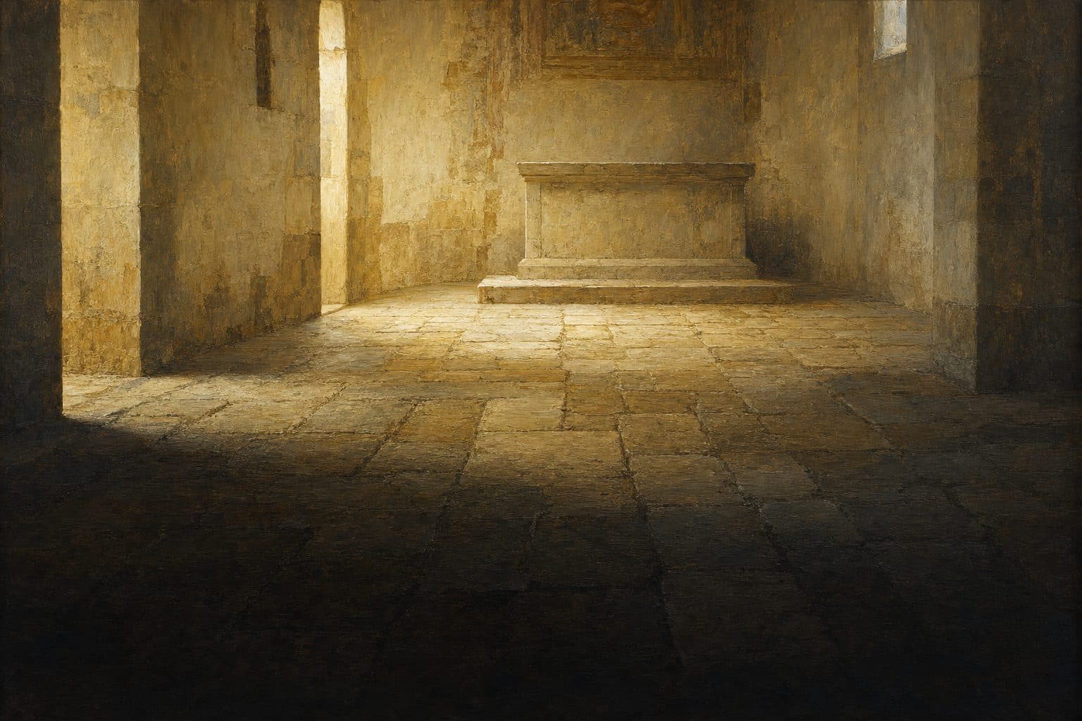 An oil painting of an empty stone chapel floor at a low angle, worn flagstones running toward a plain altar step.