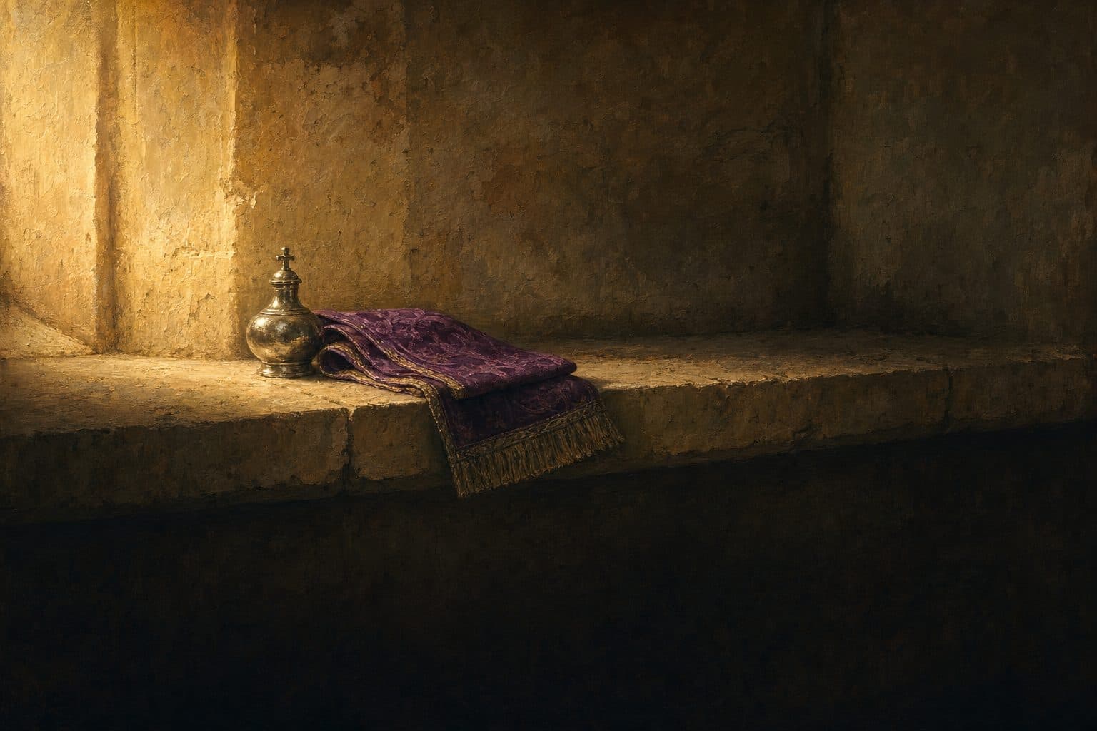 An oil painting of a silver oil stock and a folded purple stole on a limestone ledge, warm light from the left.