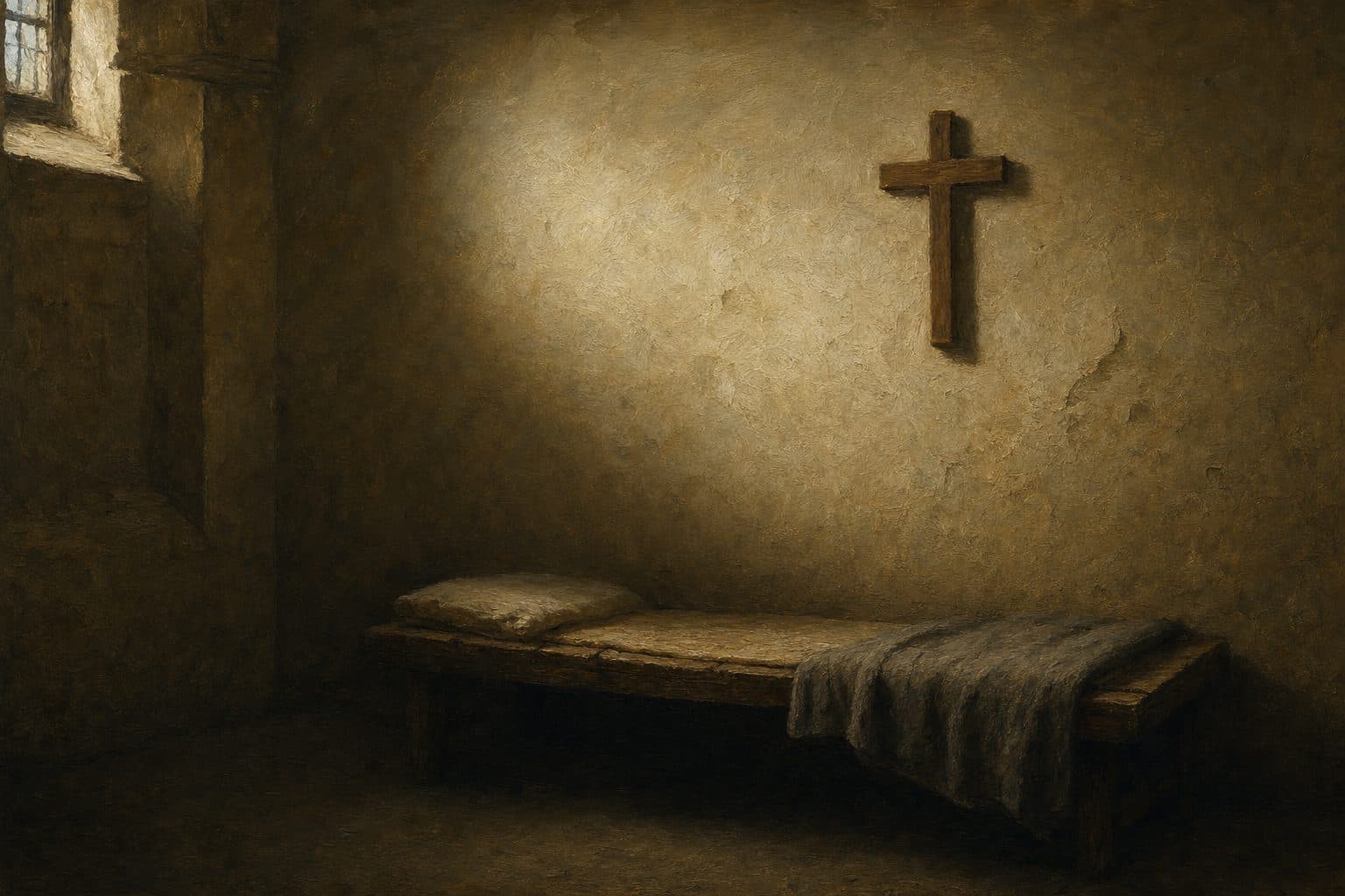 An oil painting of a plain wooden crucifix above an empty narrow monastic cot, cold moonlight from a high window.