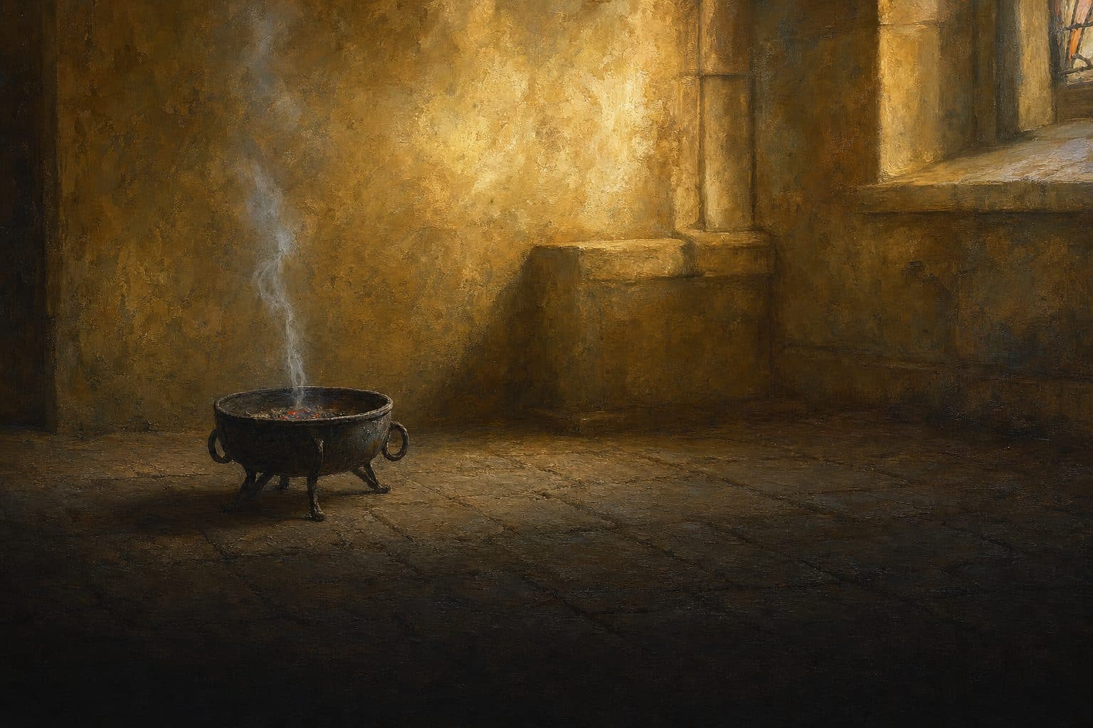 An oil painting of a small iron brazier with pale ash and the last embers, thin smoke rising in a warm-lit chapel.
