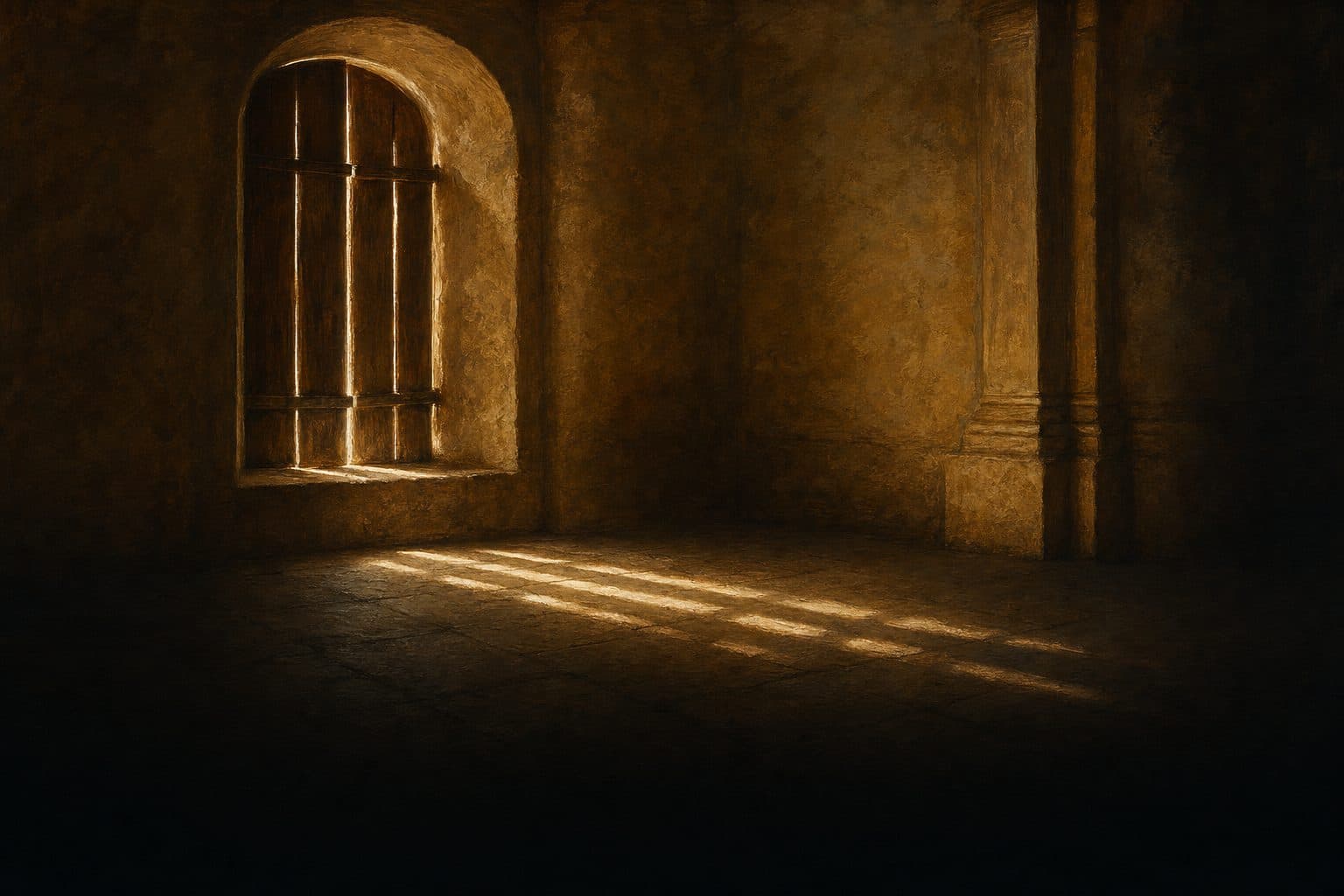 An oil painting of a shuttered chapel window with thin bars of daylight lying across a bare stone floor.