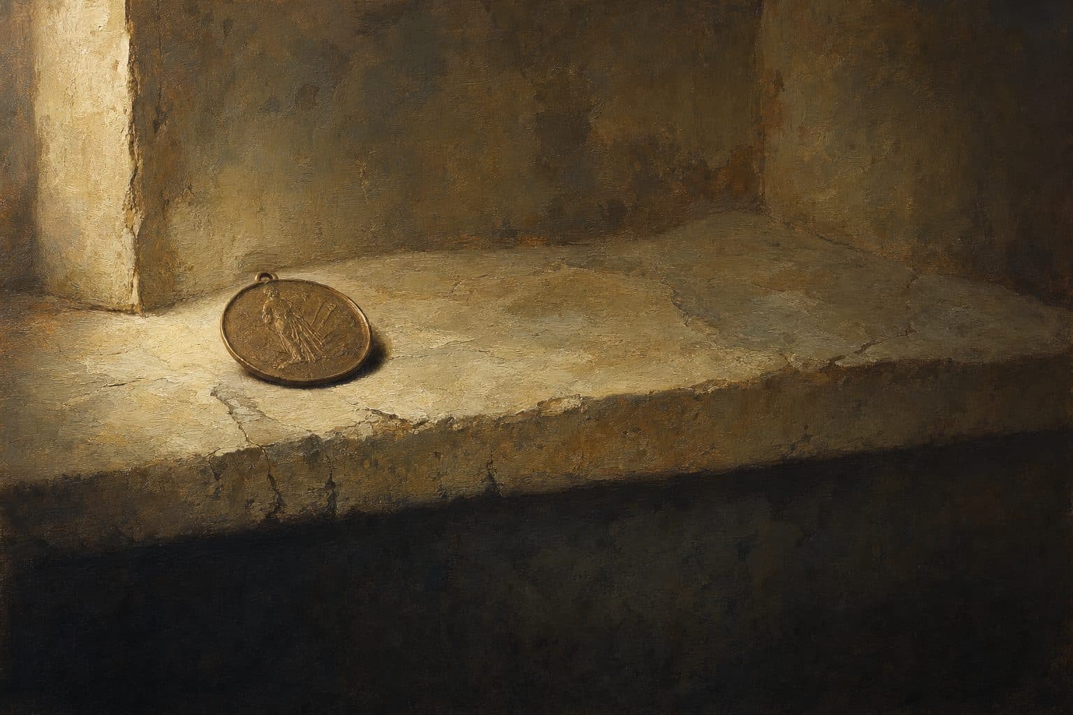 An oil painting of a worn bronze medal on a pale limestone ledge, raking light picking out the engraving.