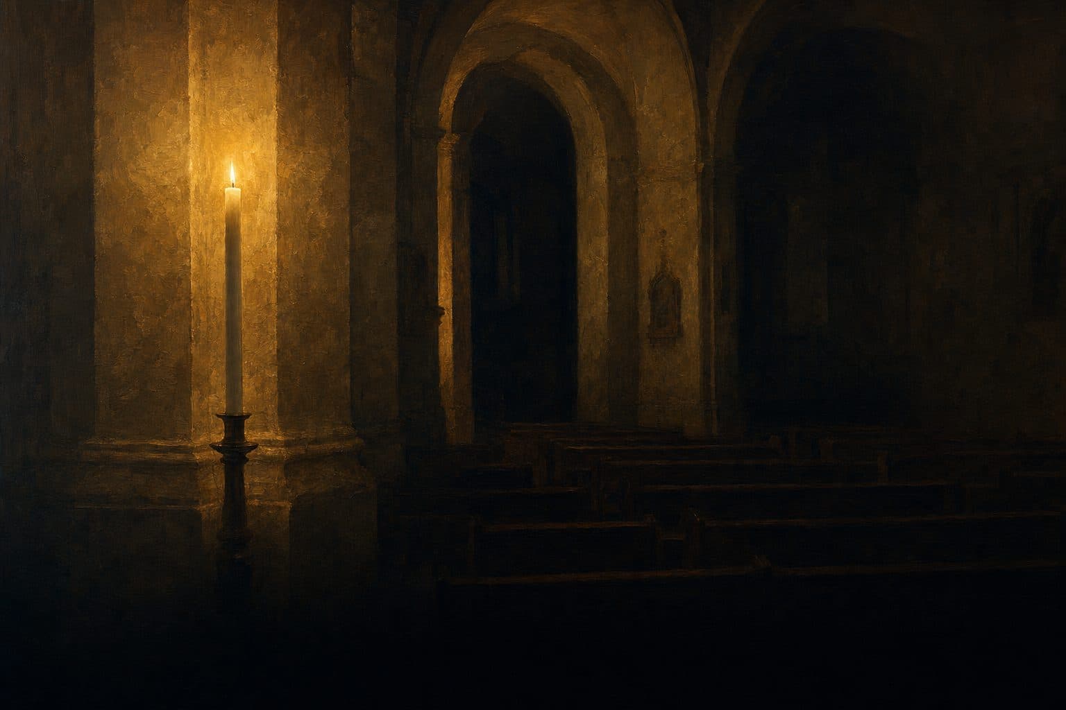 An oil painting of a darkened stone church at night lit by a single tall paschal candle, its glow spreading across a limestone pillar with empty pews falling away into shadow.