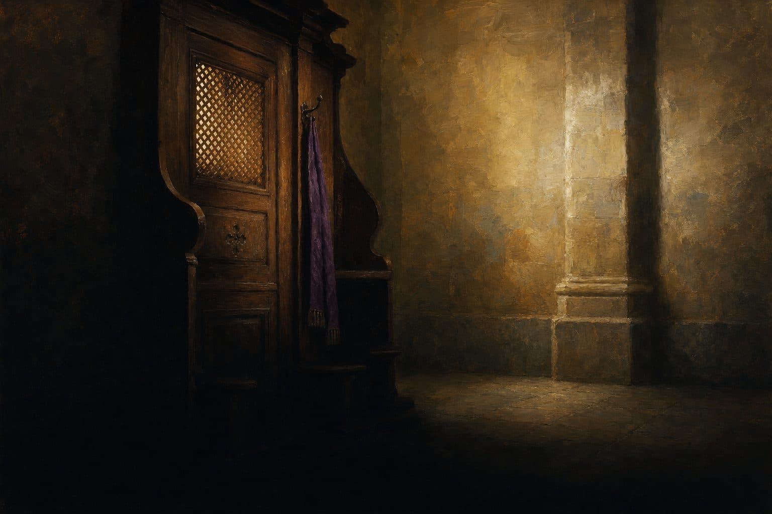 An oil painting of an old carved oak confessional in a stone church, warm light glowing through its lattice grille and a violet stole hanging on the hook beside it.
