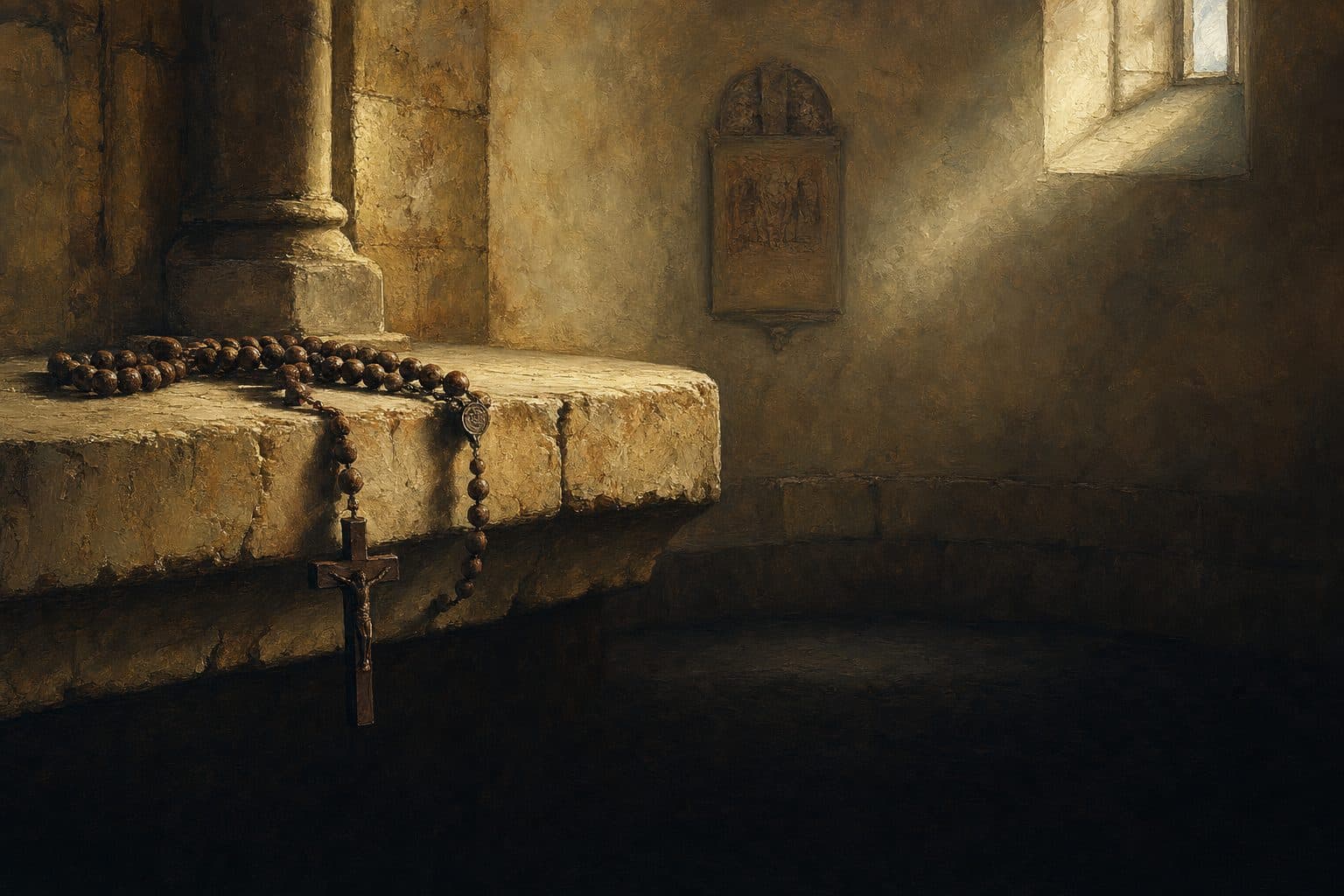An oil painting of a wooden rosary laid across a worn limestone ledge, the crucifix hanging over the edge into shadow.