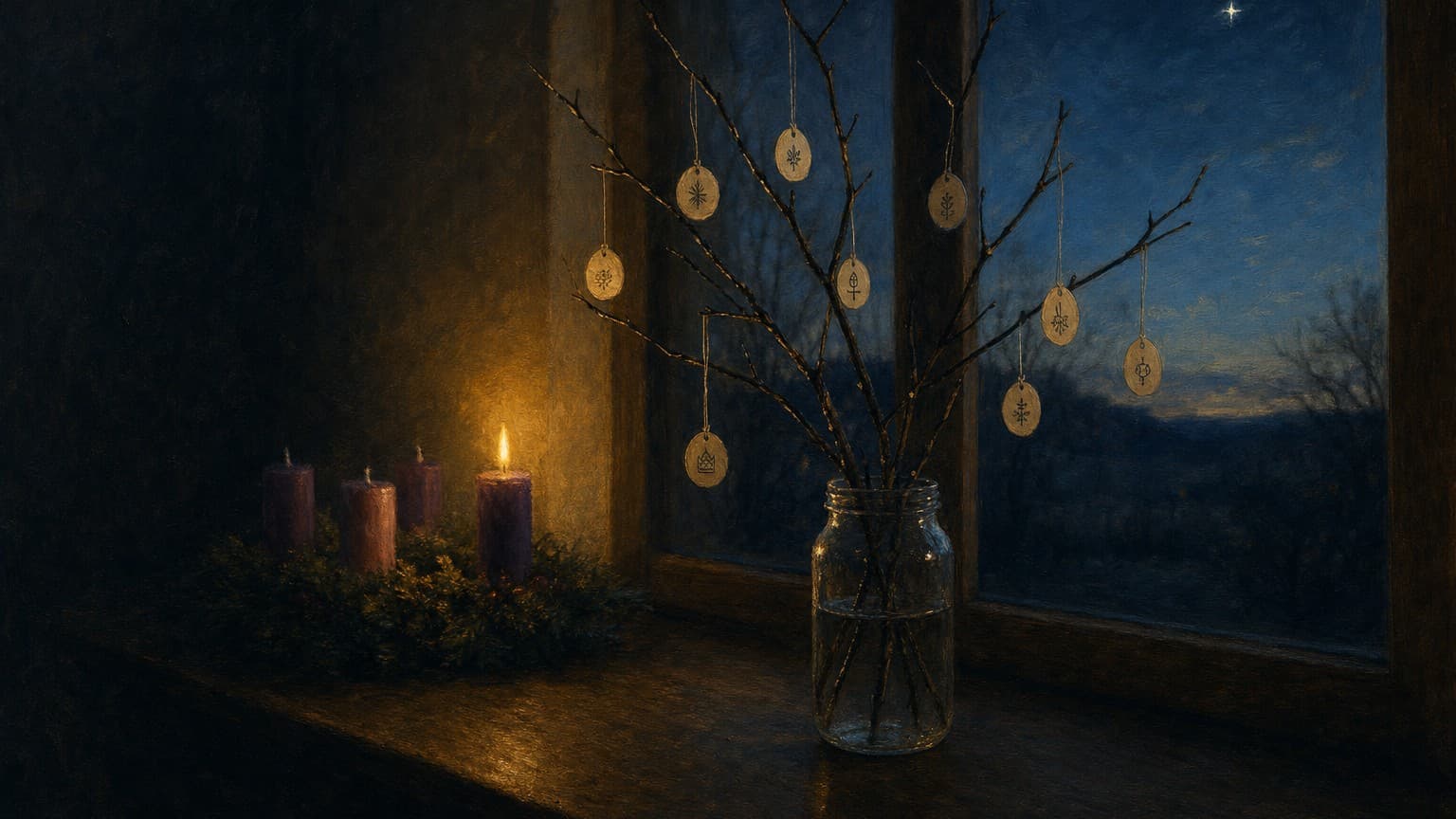 A jar of bare branches on a windowsill at dusk, hung with small paper ornaments, beside an Advent wreath with its first candle lit.
