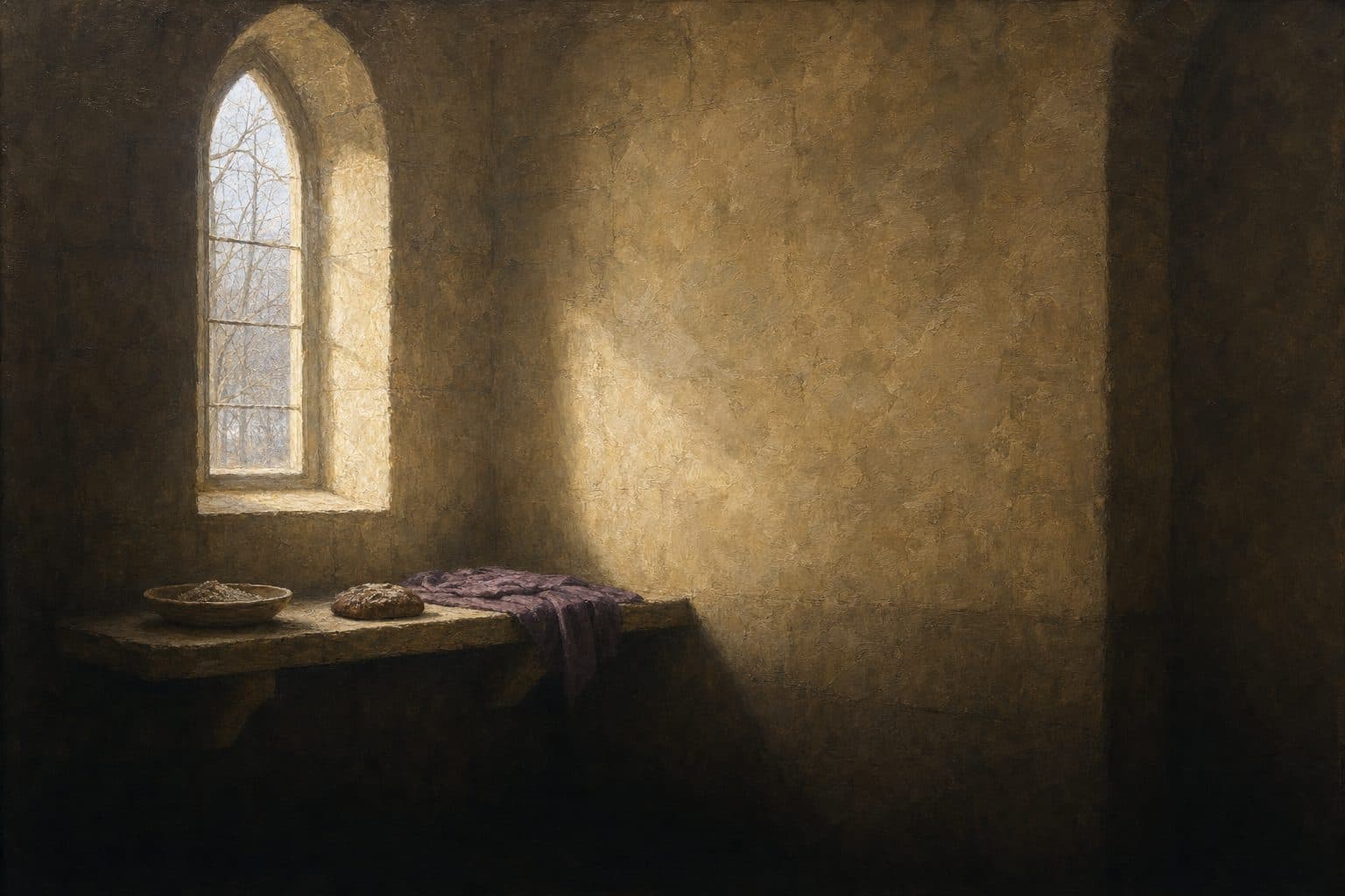 An oil painting of a tall arched chapel window with bare winter branches beyond it, cold light falling across limestone onto a stone ledge holding a clay bowl of ash, a single dark loaf and a folded violet cloth.