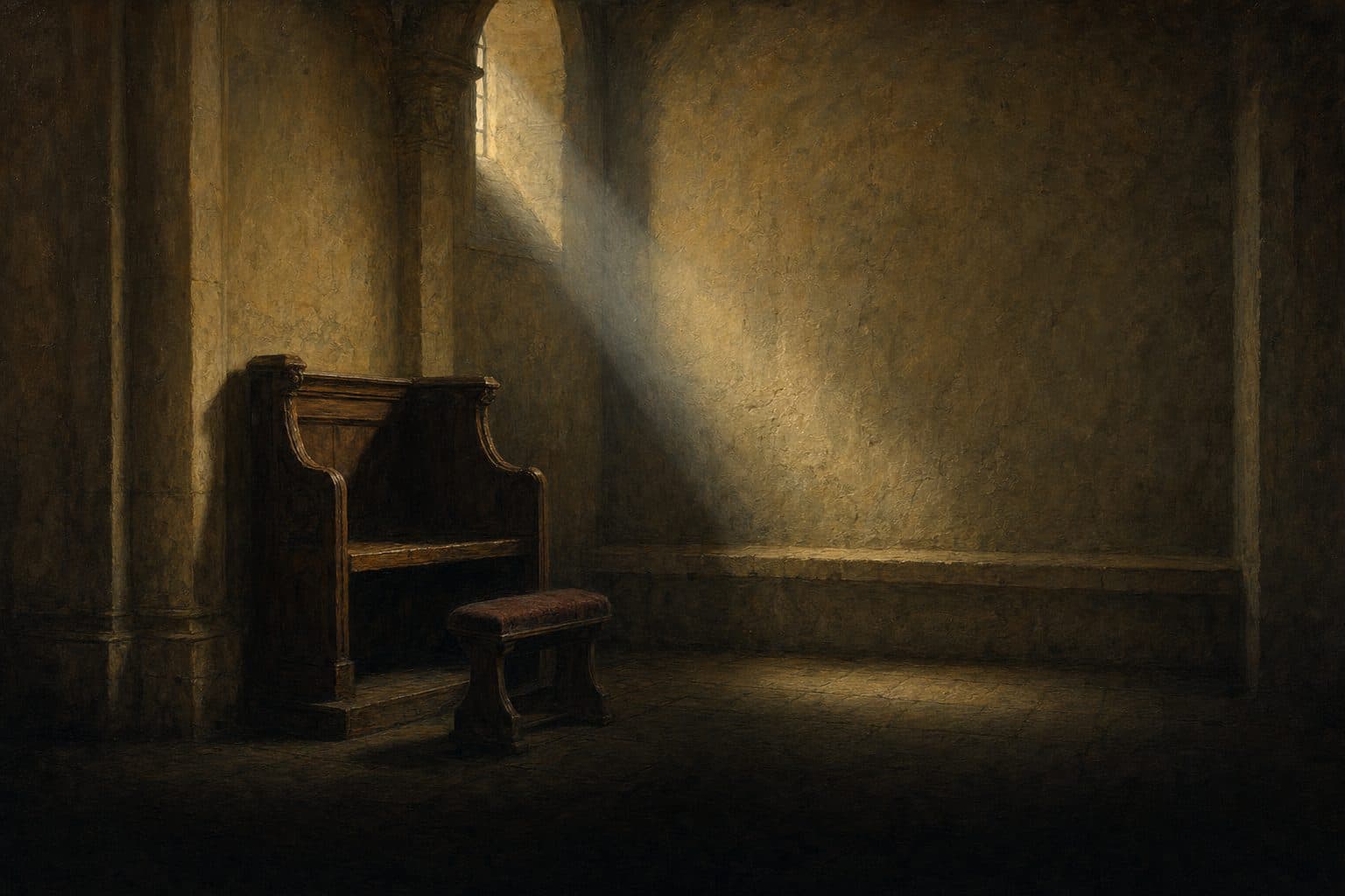 An oil painting of an empty wooden choir stall and kneeler in an old chapel, a shaft of cool light falling short of the seat.