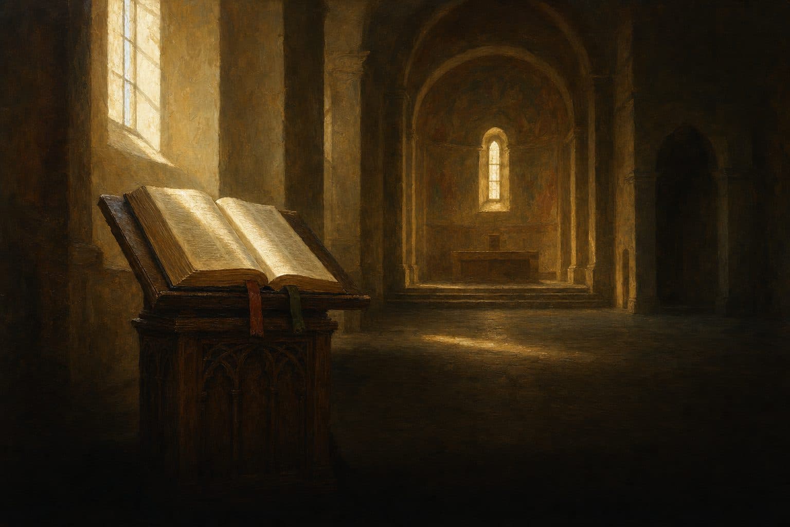 An oil painting of a large open book on a carved wooden lectern in an empty chapel, its pages catching window light.