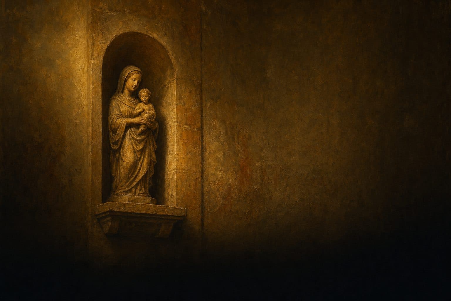 An oil painting of a small carved Madonna in a shallow arched stone niche, lit warmly from below, the wall around it in deep shadow.