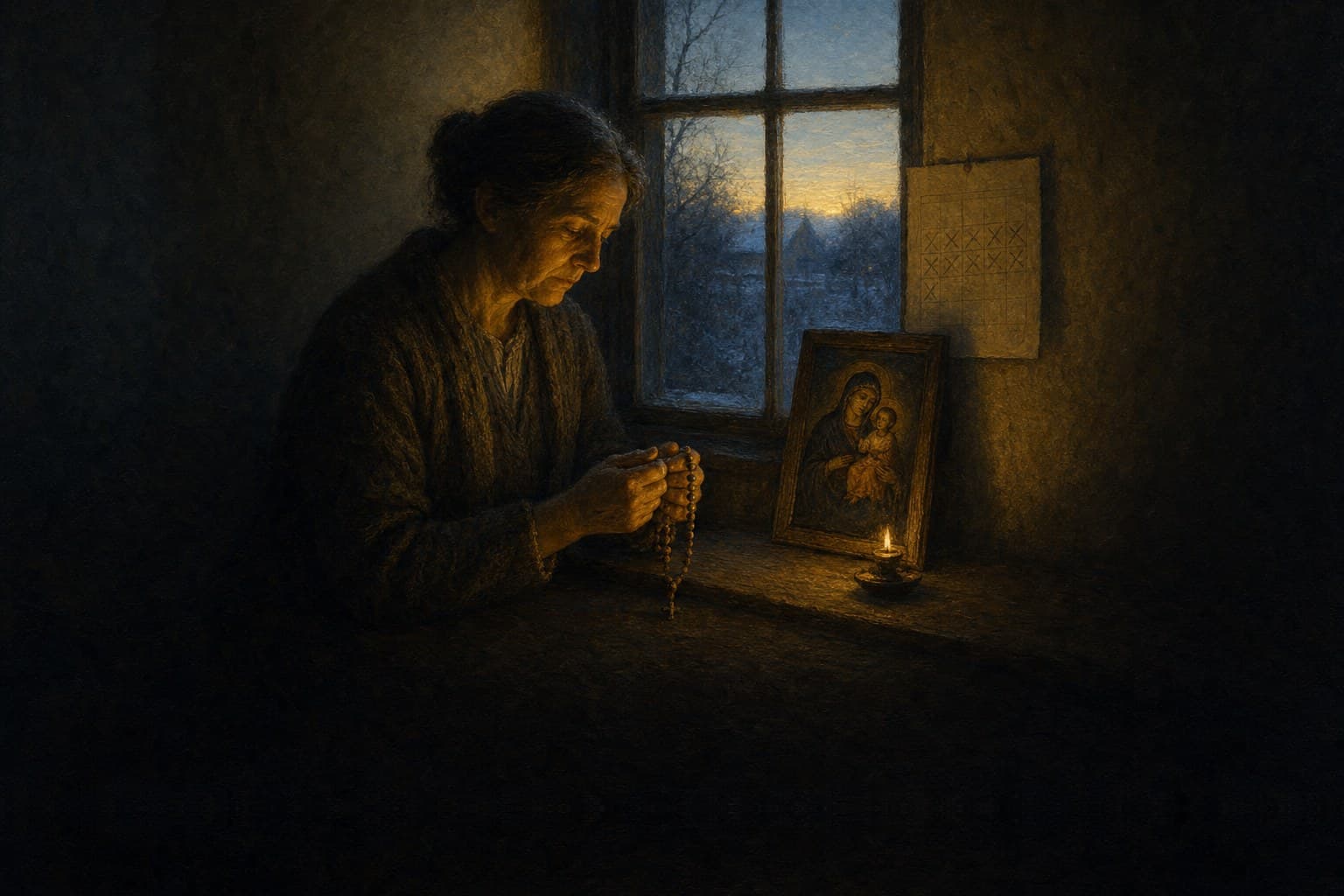 An oil painting of a woman praying a wooden rosary at a kitchen window at dawn, a small Madonna and Child picture and a candle on the sill, a paper calendar marked with pencil crosses for the days kept.