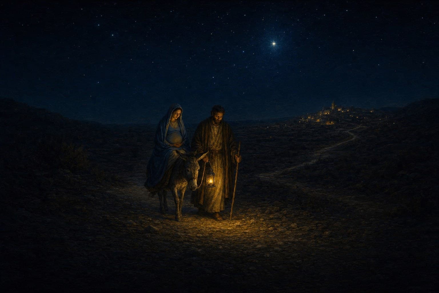 An oil painting of Mary, with child, riding a donkey beside Joseph, who carries a lantern and a staff, on a stony path at night, the lights of Bethlehem on a hill beyond them under a sky of stars with one bright star above the town.